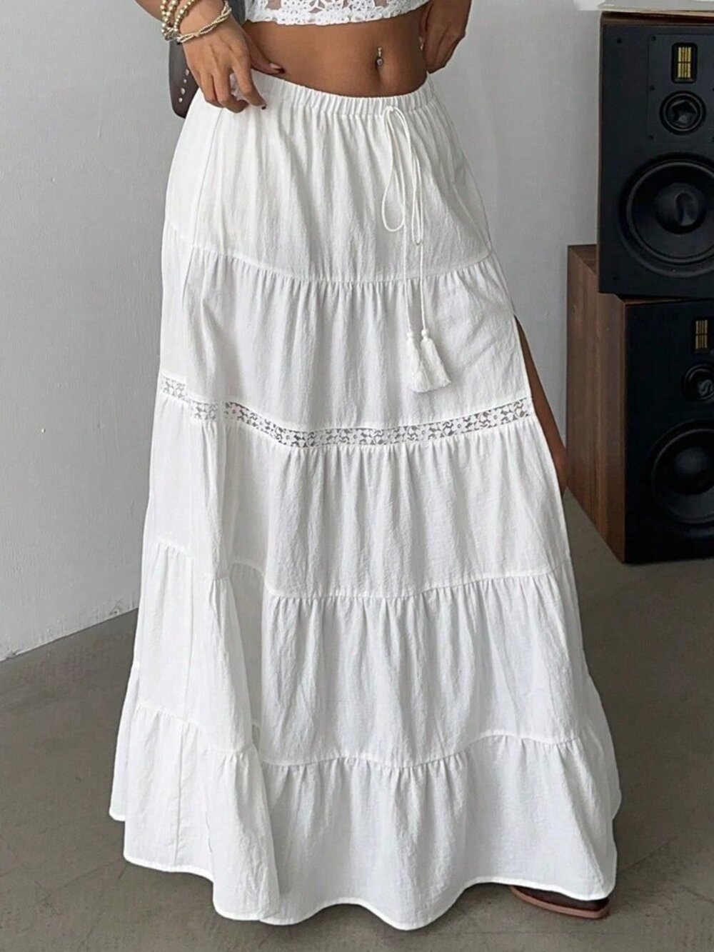 White Boho Women's Beach High-Slit Maxi Skirt with Elastic Waist - Picture 4 of 6